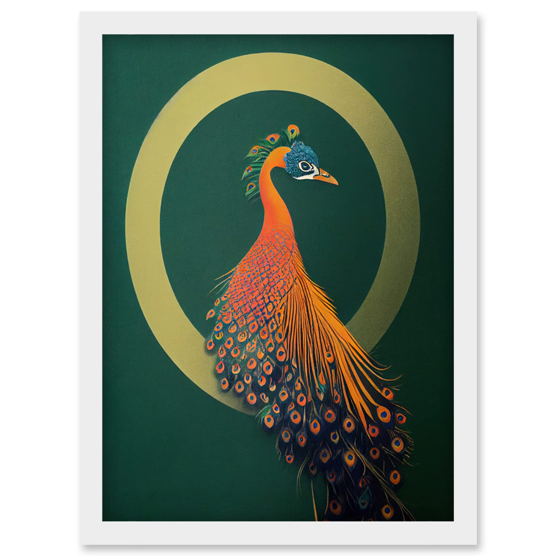 Wee Blue Coo Glamorous Stylish Chic Modern Peacock Illustration Green Gold Orange Artwork Framed Wall Art Print A4