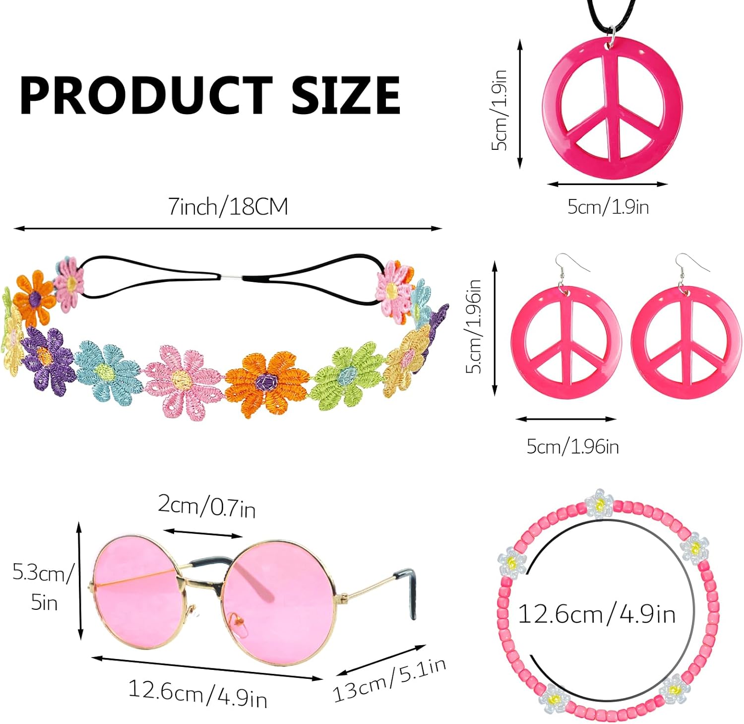Hippie Costume Accessories Set Peace Sign Necklace Sunglasses Flower Headband Earrings for 60s 70s Outfit Party Women - Image 2