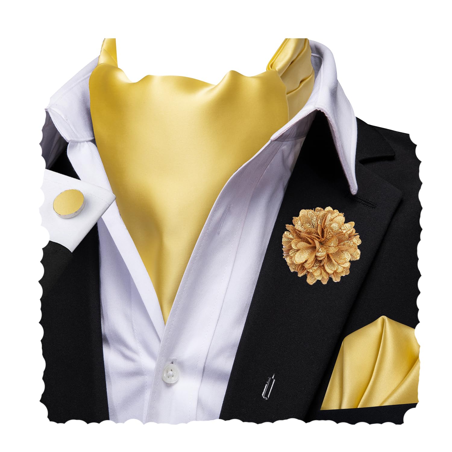 Hi-Tie Silk Ascot for Men Self Tie Men's Cravat and Flower Lapel Pin Handkerchief Cufflinks Set for Wedding Party