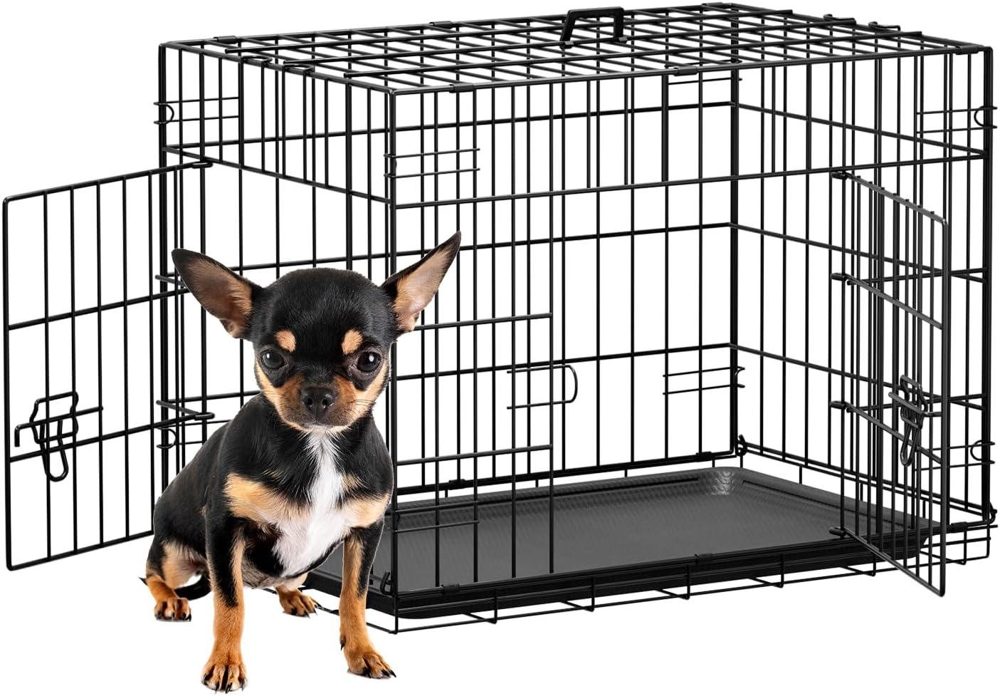FDW 24inch Dog Crate Pet Cage with Metal Folding Design Plastic Tray Indoor Outdoor Dog Kennel Cage for Small Dogs,Black Black 24 Inch Single Door