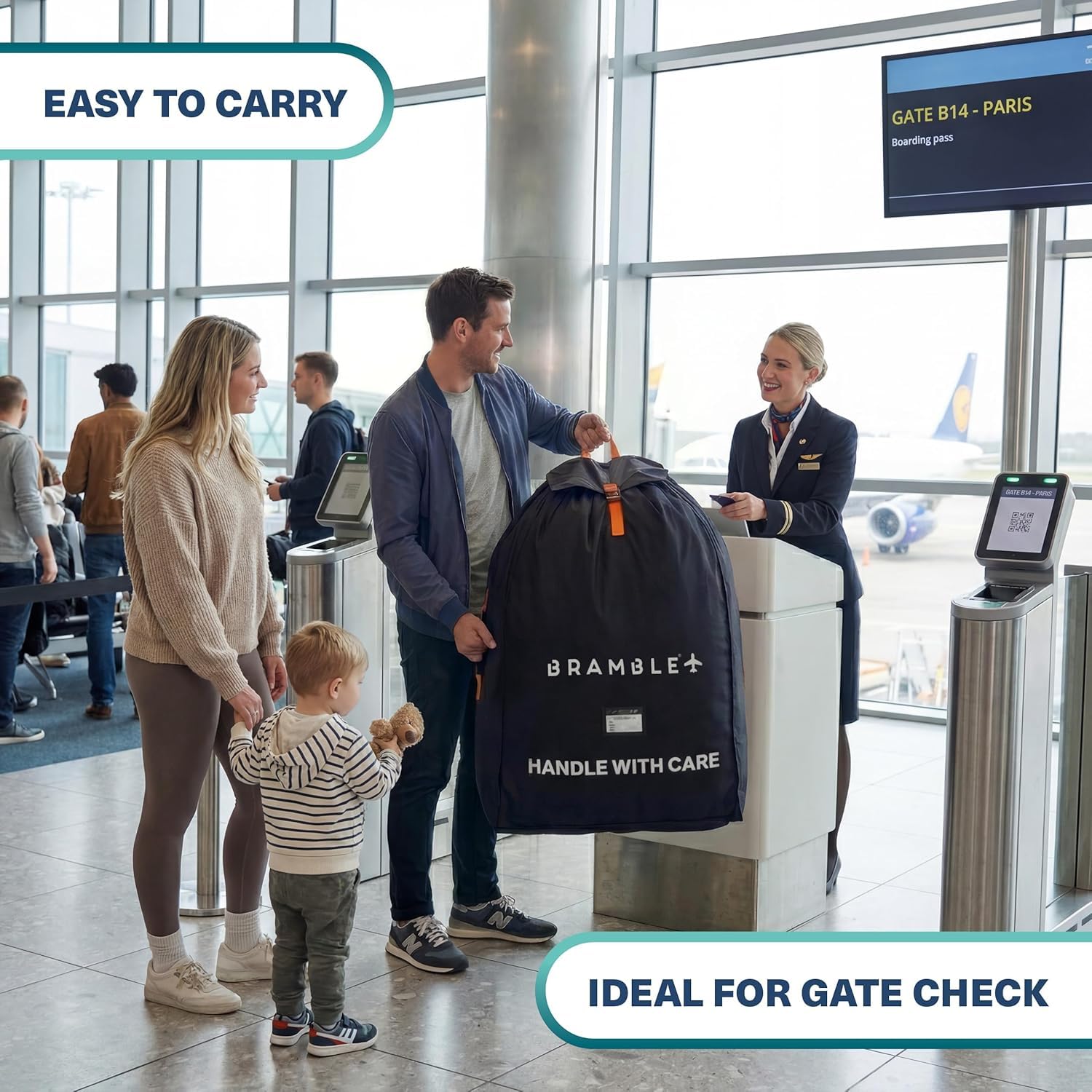 BRAMBLE - Sac de Transport Poussette pour Avion Gate Check - Nylon Balistique Imperméable avec Sangles Néoprène, Pochette & Fenêtre ID - 90 x 60 x 35 cm (Noir)