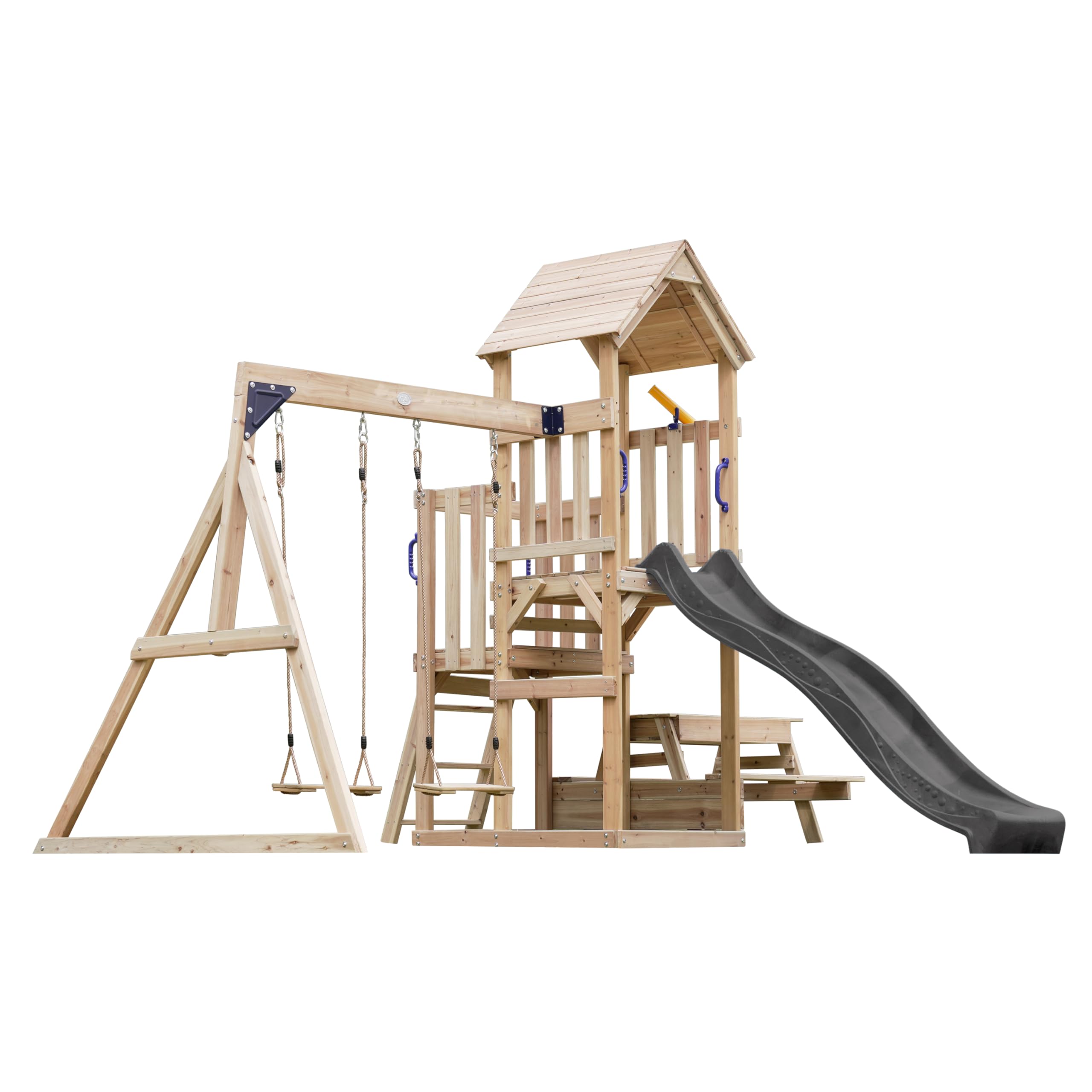 AXI Mette Aire De Jeux en Bois avec 2 Balançoires, Toboggan Gris, Table De Pique Nique/Aire De Jeux Extérieur avec Balançoires/Bac À Sable/Téléscope| Portique Balançoire/Jeux en Bois Extérieur