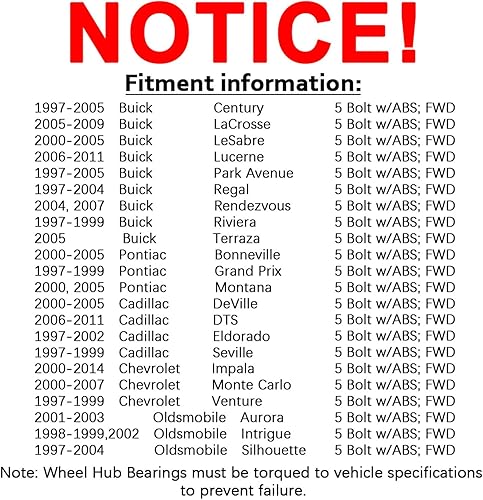 Miniatura 6 de MAYASAF 513121 Conjunto de cojinete de cubo de rueda delantera para Chevy ImpalaVentureMonte Carlo, para Buick CenturyRendezvousTerraza, para