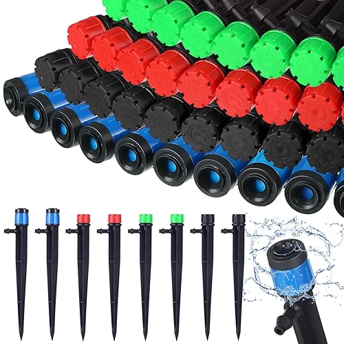 Hortsun 200 emisores de riego por goteo de 5.2 pulgadas, emisores de goteo de ventilador para tubos de riego por goteo de 1/4 de pulgada, 360 grados