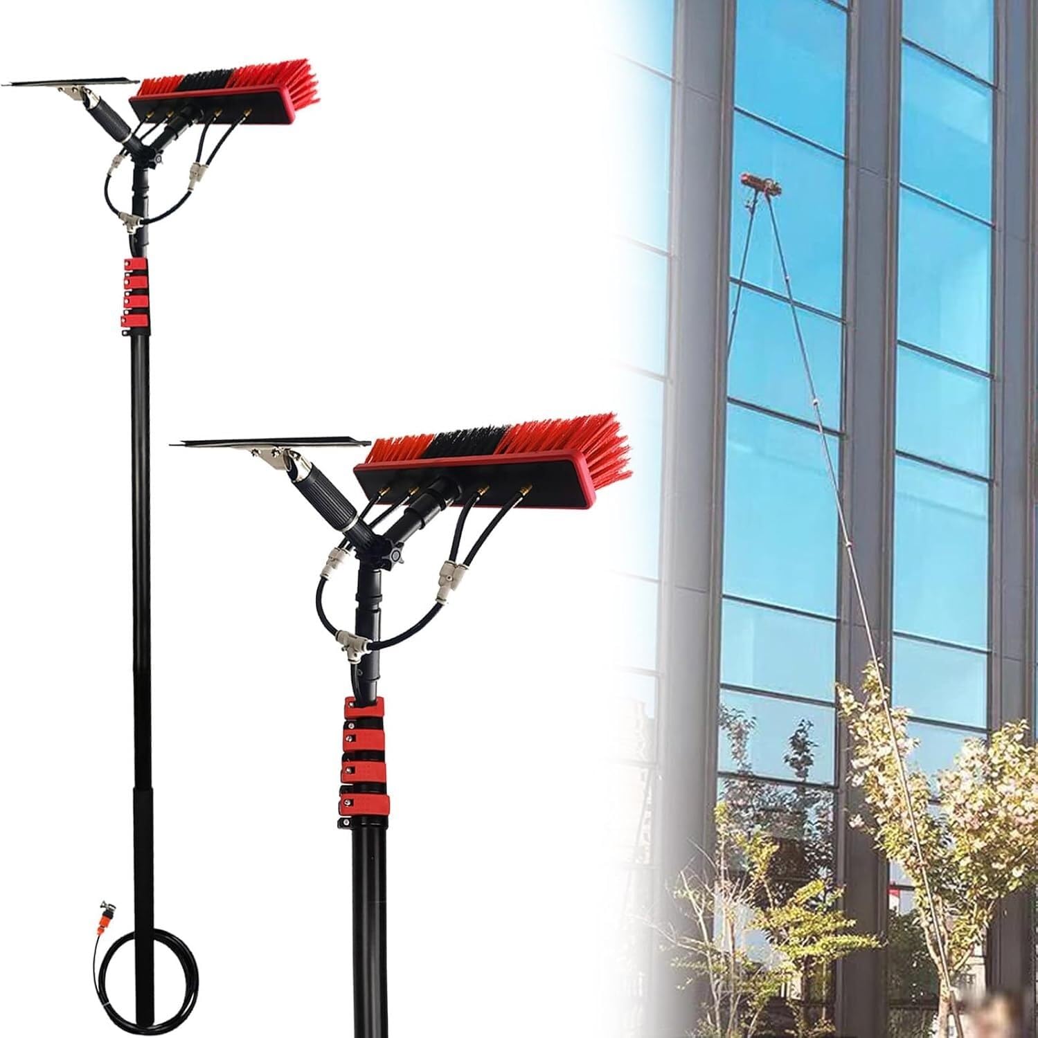 Brosse alimentée en eau et raclette sur perche extensible pour vitres de maison