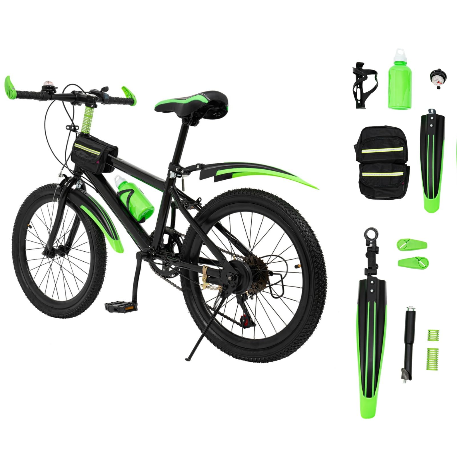 Vélo VTT 20 pouces 7 vitesses vert enfant garçons filles 75kg acier robuste