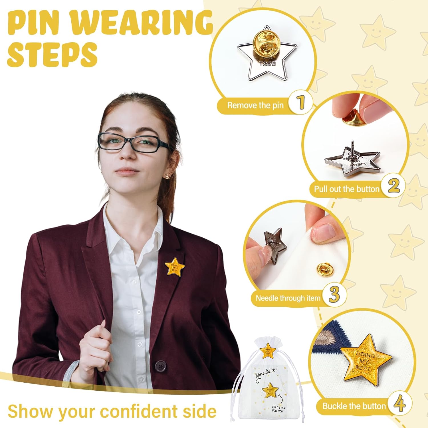 Unittype 50 Set Employee Appreciation Gifts Bulk Star Pins Doing My Best Enamel Pins Yellow Metal Lapel Pin Brooches with Thank You Cards Organza Bags for Teachers Staff Coworkers Nurse
