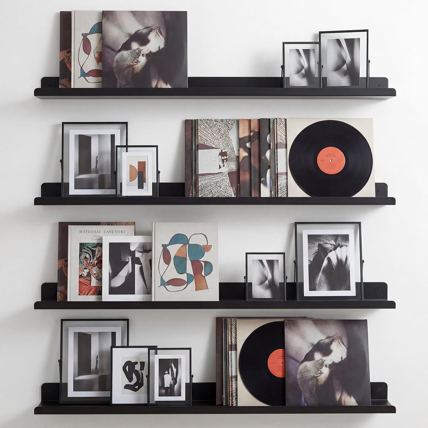 Pinkunn 4 Pack 36 Inch Black Metal Floating Shelves Picture Ledge, Wall Mounted Display Shelf with Lip Sturdy Iron Rack for Photo Frames, Vinyl Records, Home Office Gallery Storage