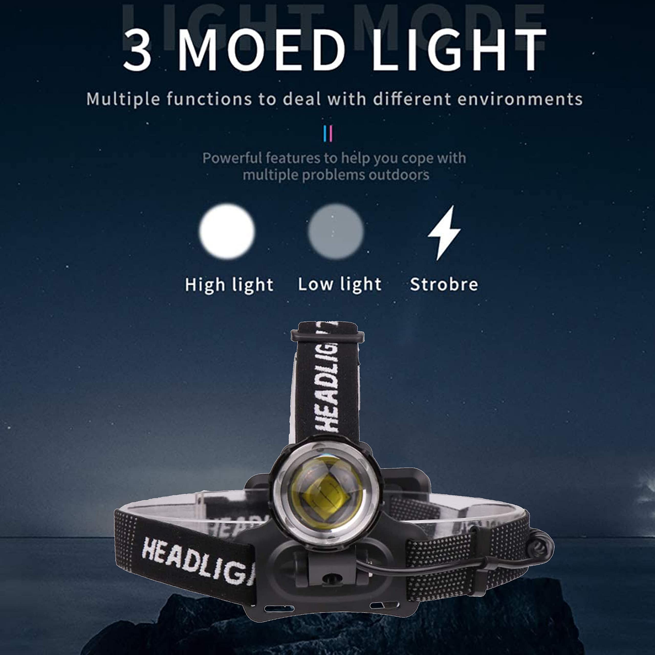 Lampe frontale rechargeable USB puissante, lampe frontale ultra-lumineuse de 15 000 lumens, lampe frontale zoomable 3 modes pour le travail, le camping et l'observation nocturne
