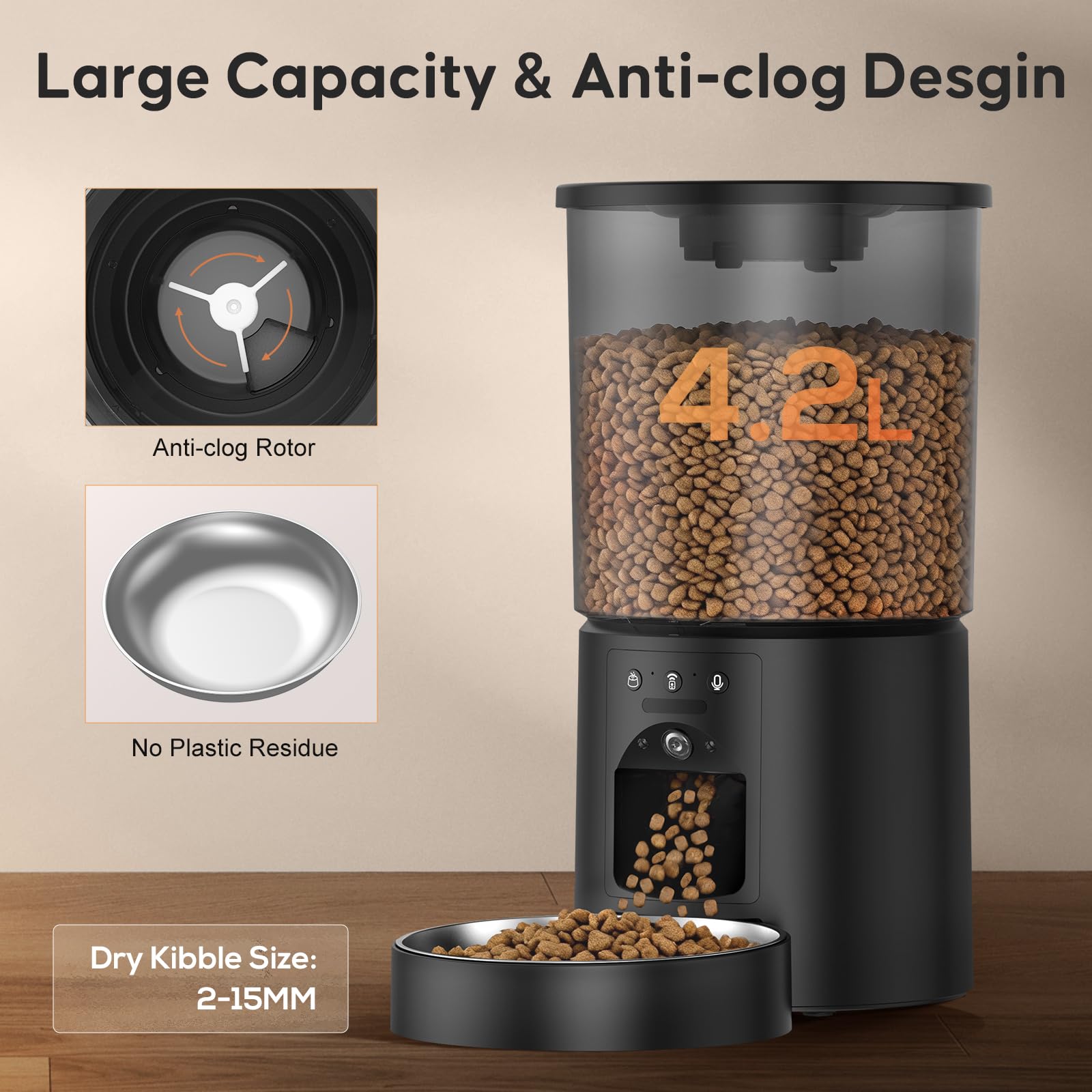 Automatic Cat Feeder with Camera,WiFi Cat Food Dispenser with App Control,1080P HD Video,Two-Way Audio, Transparent 4.2L Food Container (Black) - image 3