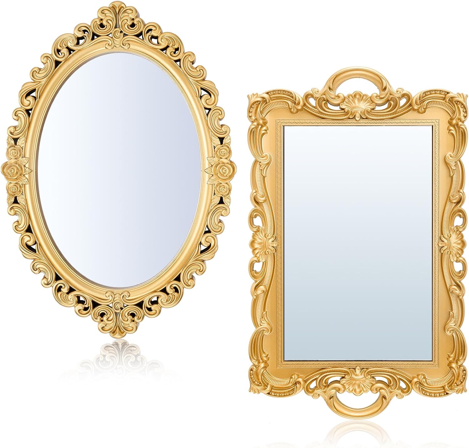 Beeveer 2 Pcs Vintage Decorative Gold Mirror Set Including 12.6" x 9.1" Oval Wall Mirror 15.4" x 9.7" Square Antique Tabletop Makeup Vanity Tray for Bedrooms Room Dresser Decorations(Gold)