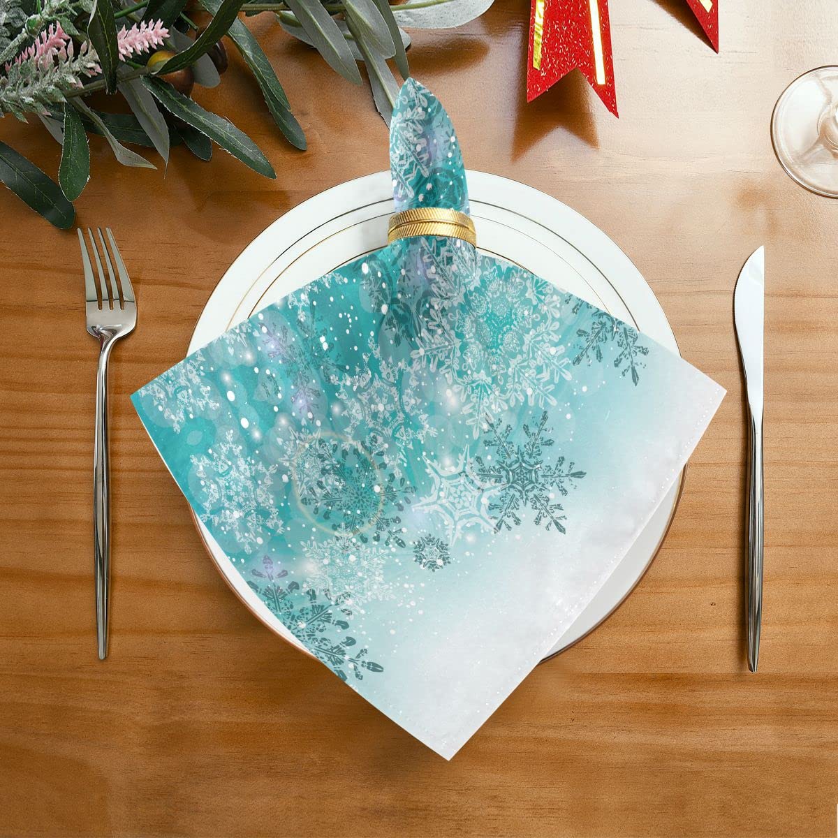 ALAZA Silver Winter Teal Turquoise Snowflakes Christmas Cloth Napkins Dinner Napkins Set of 6,Reusable Table Napkins Washable Polyester Fabric for Cocktail Party Holiday Wedding Home Decorative