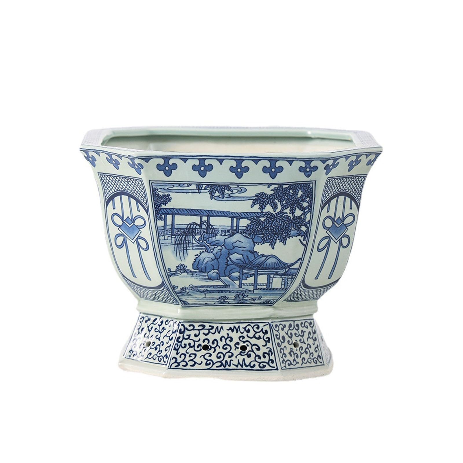 Chiński styl niebiesko-biała ceramiczna doniczka na kwiaty z otworami drenażowymi, dekoracyjna donica bonsai do dekoracji domu, biura, kawiarni i ogrodu