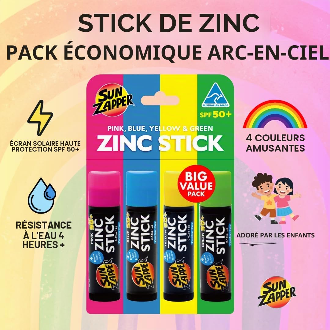 Sun Zapper Sun Block Bâtons de zinc – Pack arc-en-ciel (rose, bleu, vert, jaune) – Crème solaire colorée – Très haute protection solaire SPF50+ UVA/UVB + crème solaire pour enfants et adultes