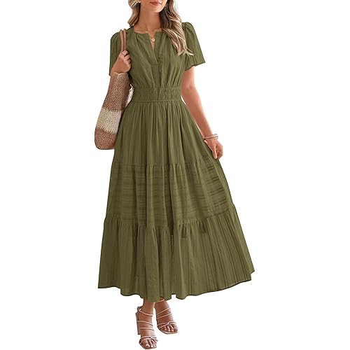 BTFBM Womens Summer 2026 Casual Midi Maxi Dresses Lightweight Short Sleeve V Neck Elastic Waist Boho Beach Dress Pockets