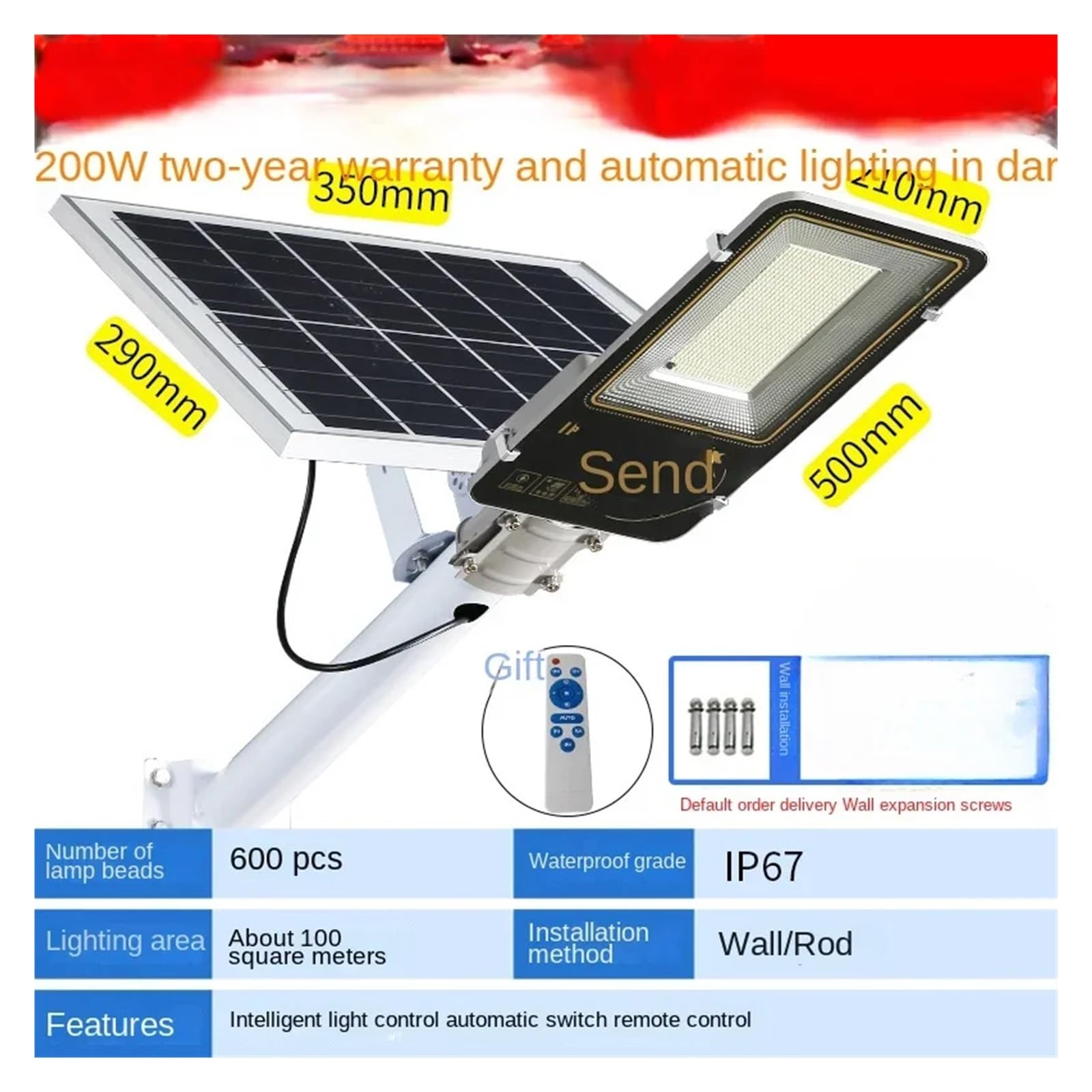 Lampa solarna zewnętrzna, 600LED 200W słoneczna latarnia uliczna zewnętrzna aluminiowa słoneczna latarnia uliczna ogród światło słoneczne wodoodporna lampa słoneczna