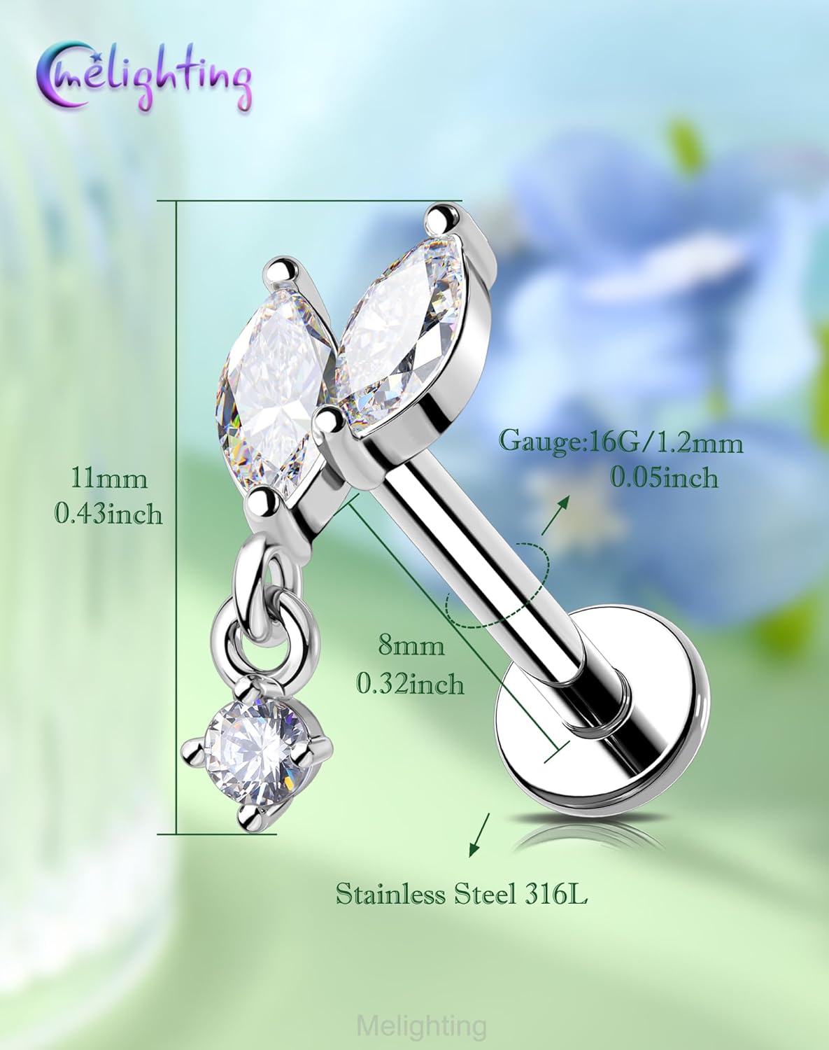 Melighting 16G Vine Tragus Piercing Jewelry, Internally Threaded Dangle Helix Stud, Stainless Steel 316L Cartilage Earring Clear Marquise CZ, 6 mm Silver Lobe Labret Flat Back Ring For Women - Image 2