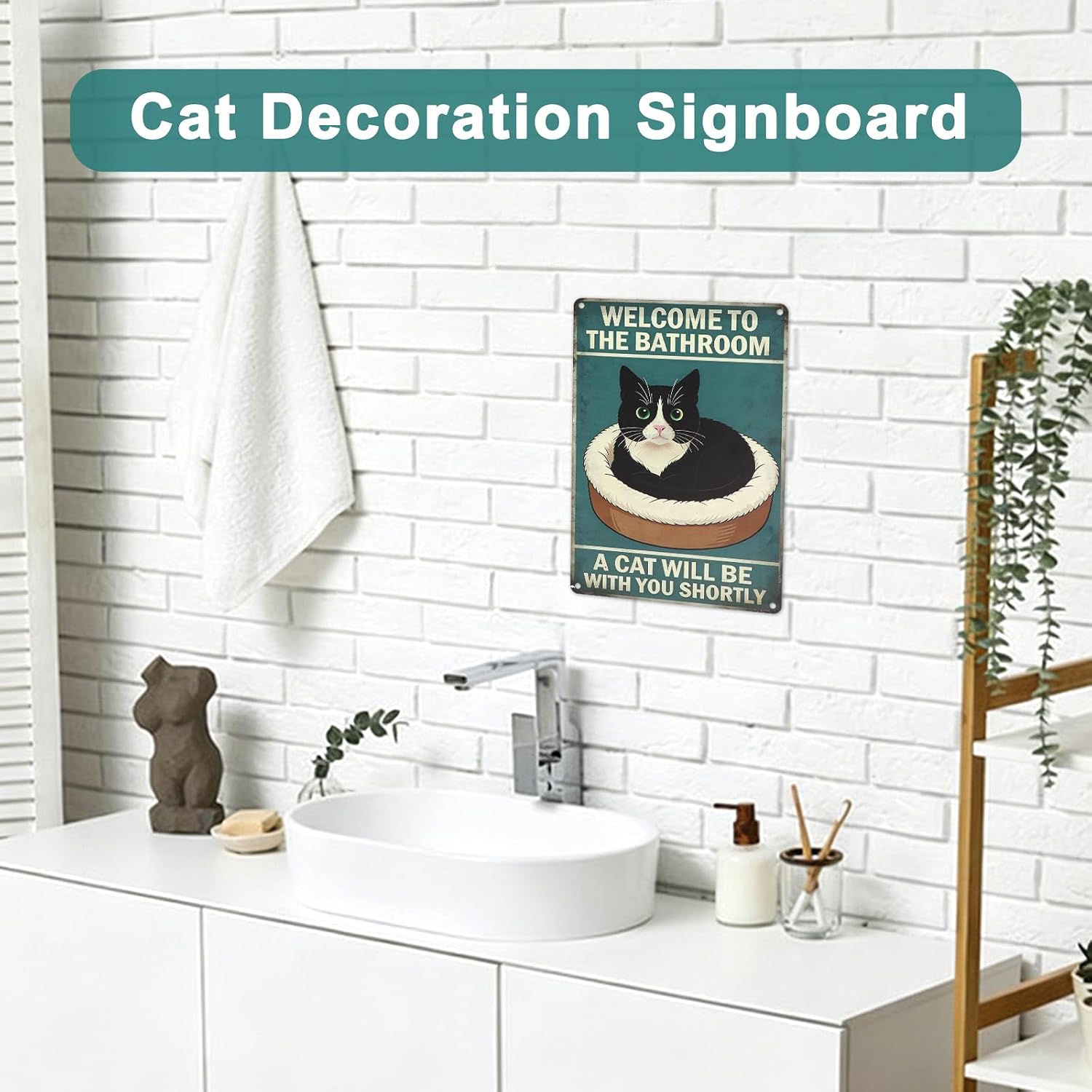 Funny Cat Bathroom Sign, Vintage Aluminum Metal Wall Decor for Restroom, Toilet, Home Bathroom and Guest Washroom image 4