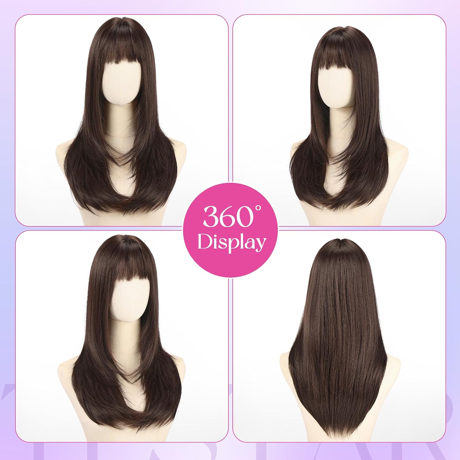 testar Black Wig with Bangs for Women Straight Synthetic Layered Heat Resistant Glueless Wig 22 Inch for Daily Use