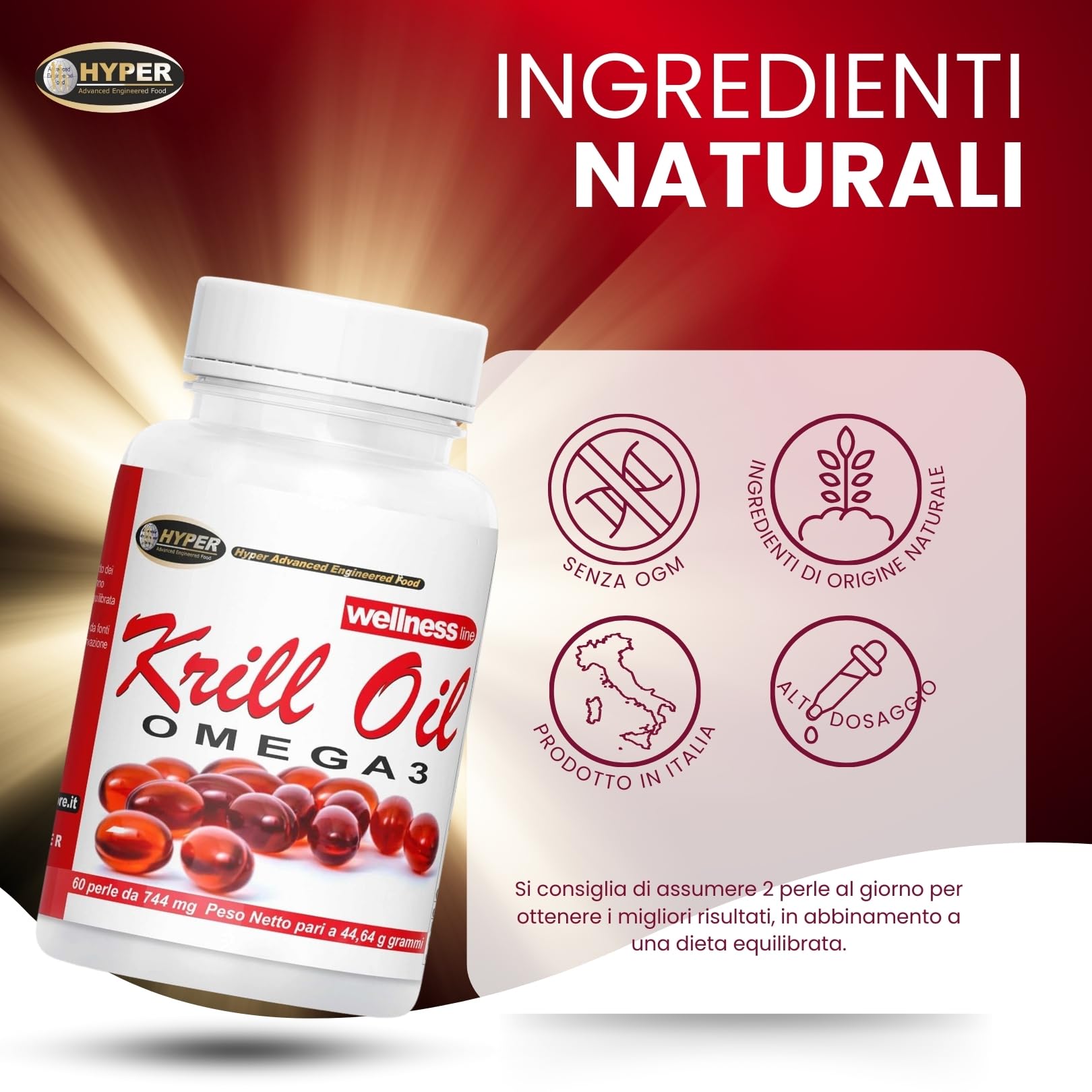 Hyper KRILL OIL OMEGA 3 1000 mg | Olio di Krill Antartico Puro con Astaxantina, EPA e DHA per Cuore, Articolazioni e Benessere Generale - 100% Naturale Altamente Assimilabile - 60 Perle