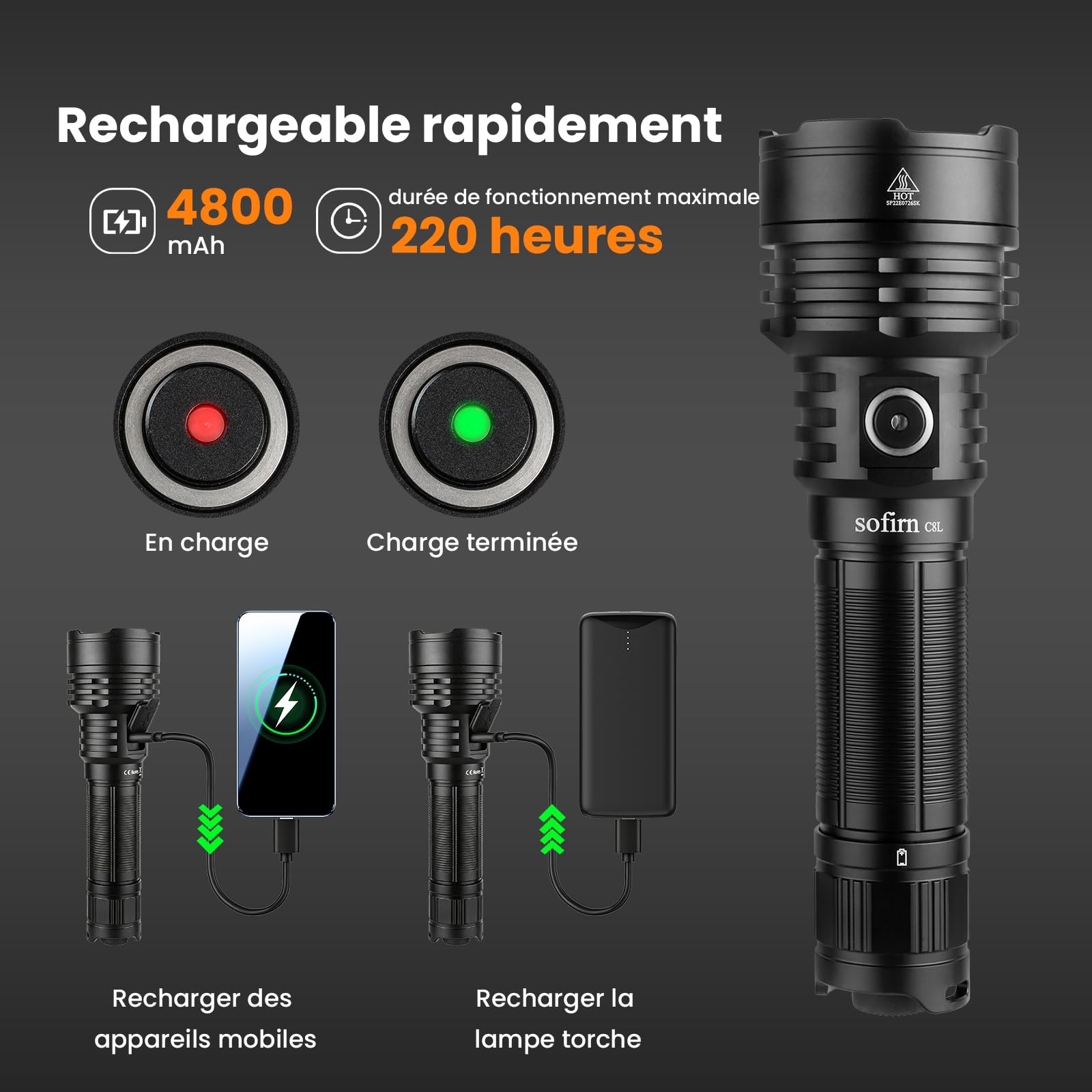 sofirn C8L Lampe Torche Tactique Lampe de Poche LED Puissante 3100 lumens, Portée de 531m, Lampe Tactique Rechargeable Militaire étanche IPX8, Pour Urgence, Recherche et Utilisation en Extérieur
