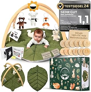 Premium Spielbogen Baby XXL waschbar mit 6 Montessori Sensorikspielzeugen, Meilensteinkarten, Spieldecke, Baby Gym Antirutsch Krabbelmatte Baby im Wald-Design-CE-zertifiziert