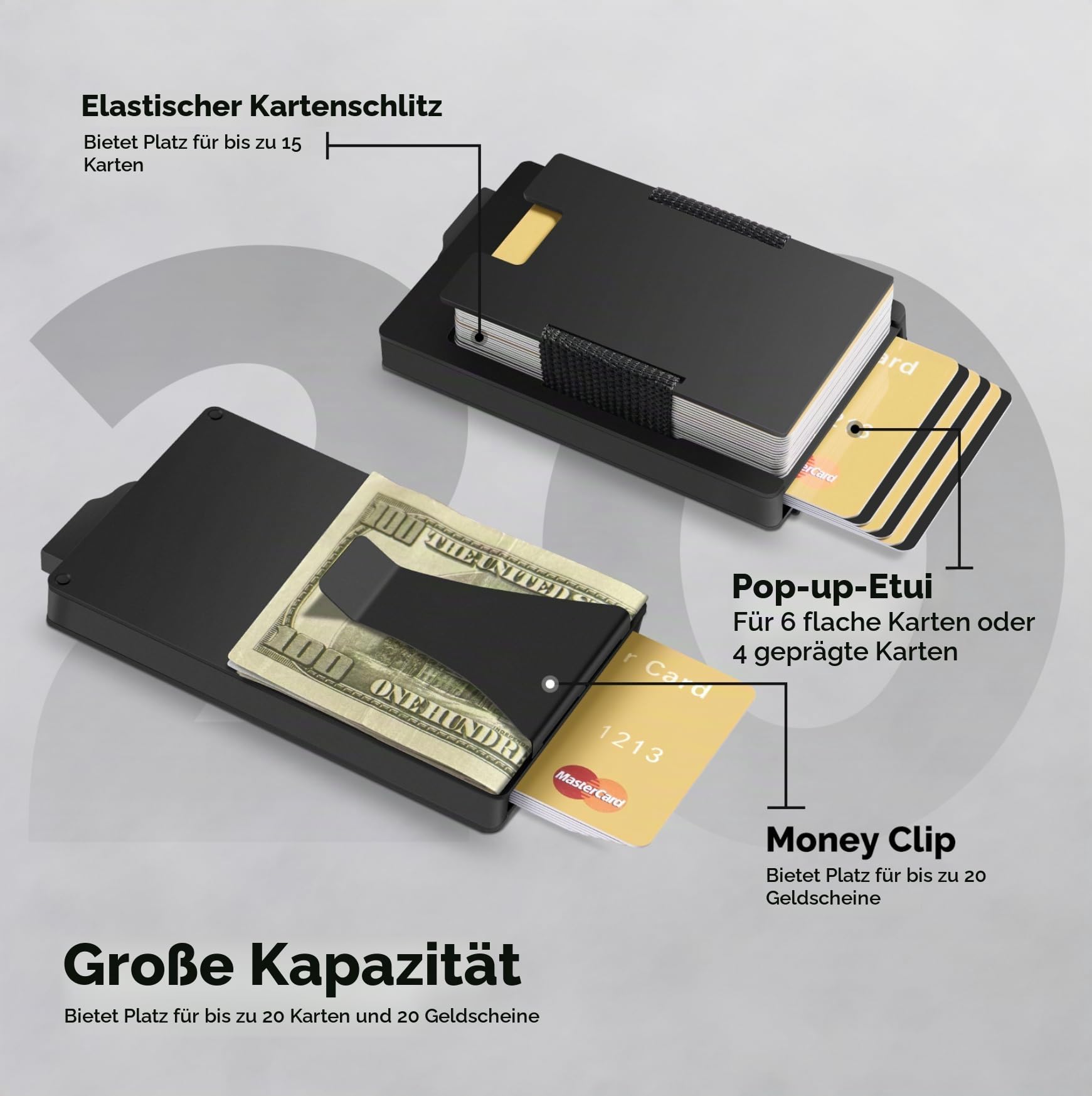 Metall Geldklammer Herren für 10-20 Karten & 20 Geldschein Pop-up Kartenetui Herren mit RFID Schutz Slim Wallet Metall CardHolder mit Smart Kartensteckplatz (Schwarz)