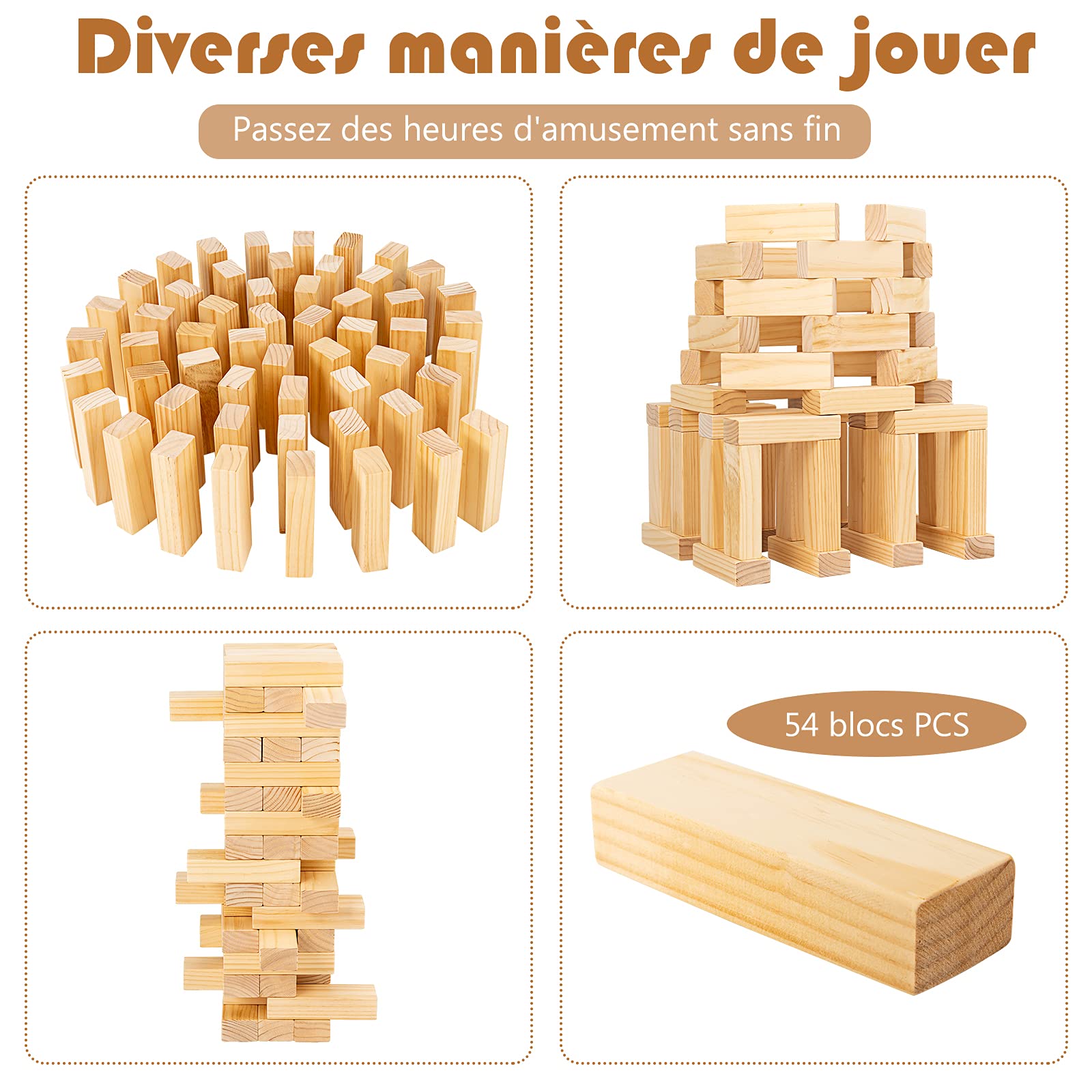 COSTWAY Tour Infernale Géante en Bois avec Divers Façons de Jouer, Jeu d’Adresse avec 54 Blocs à Empiler, Dé et Sac de Rangement, Convient à Partir de 3 Ans, pour Fêtes et Réunion de Famille