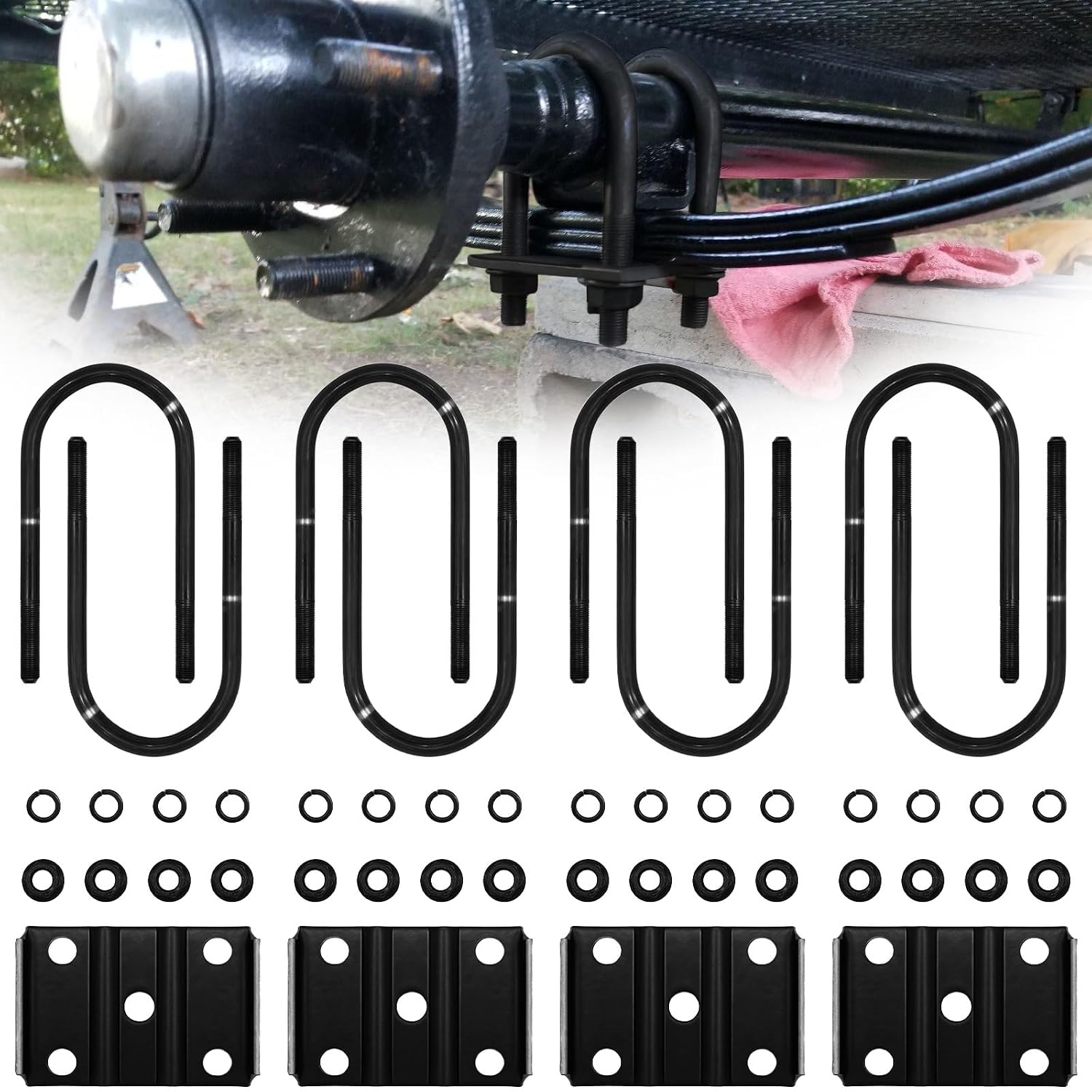 Trailer U Bolt Kit for 5,200-7,000 lb Trailer Axle, 7-1/2'' Heavy Duty U Bolt, 3" Round Axle, 1/2'' Diameter, 2" Thread Pitch (2 Pack)
