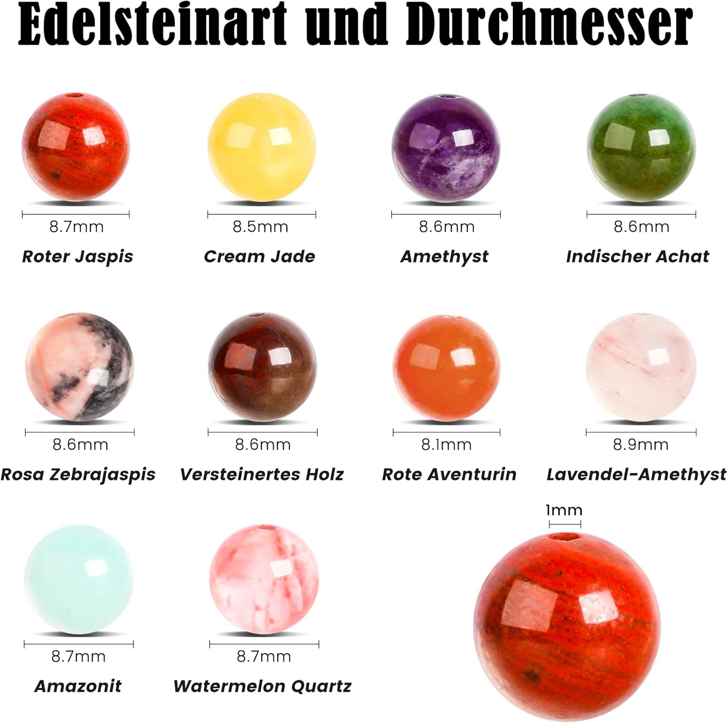 Pack of 200 Natural Gemstones Diameter 8 mm Round Beads for Bracelets Necklaces Jewellery Crafts Threading, 10 Assorted Stone Beads Gemstone Beads (Type C)