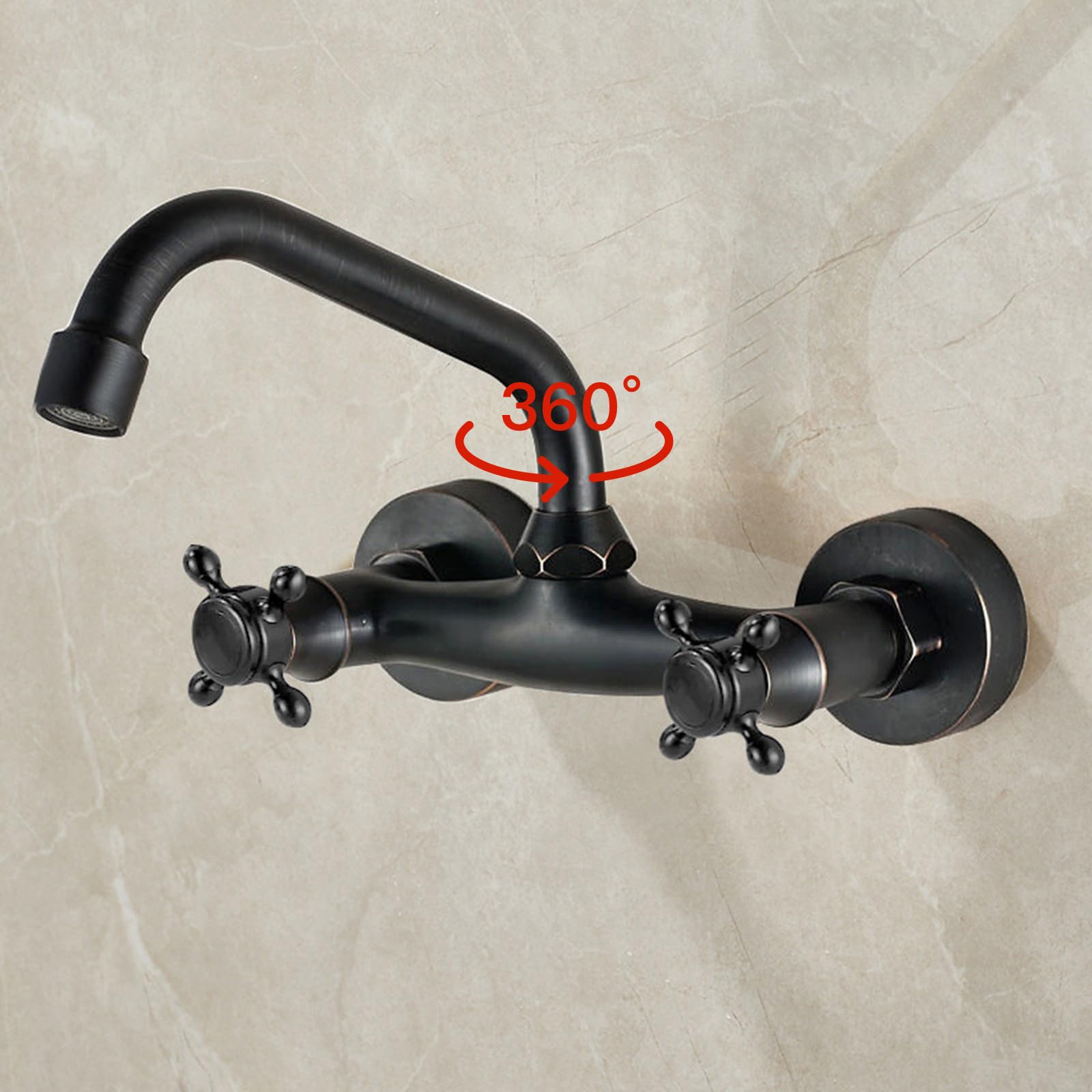 BiaoTeng Grifo Pared Lavabo Vintage con Dos Mandos en Cruz Giratorio 360 agua Fría y Caliente Laton Grifo Lavabo Negro Retro