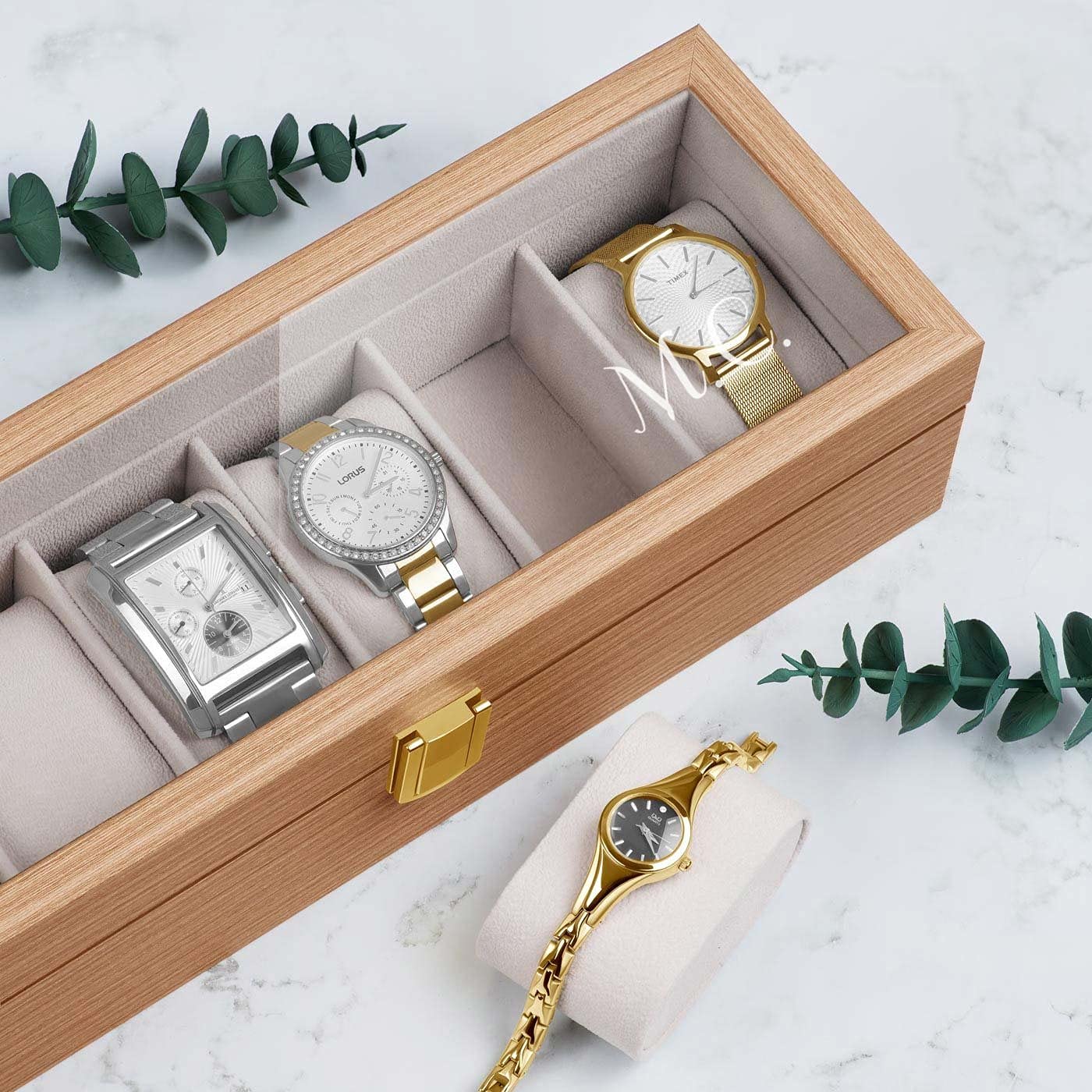 Maverton Boîte à 6 montres personnalisée en bois - 31 cm x 11 cm x 8 cm - Coffret pour une collection de montres - Cadeau pour collectionneurs - Pour homme - Initiales