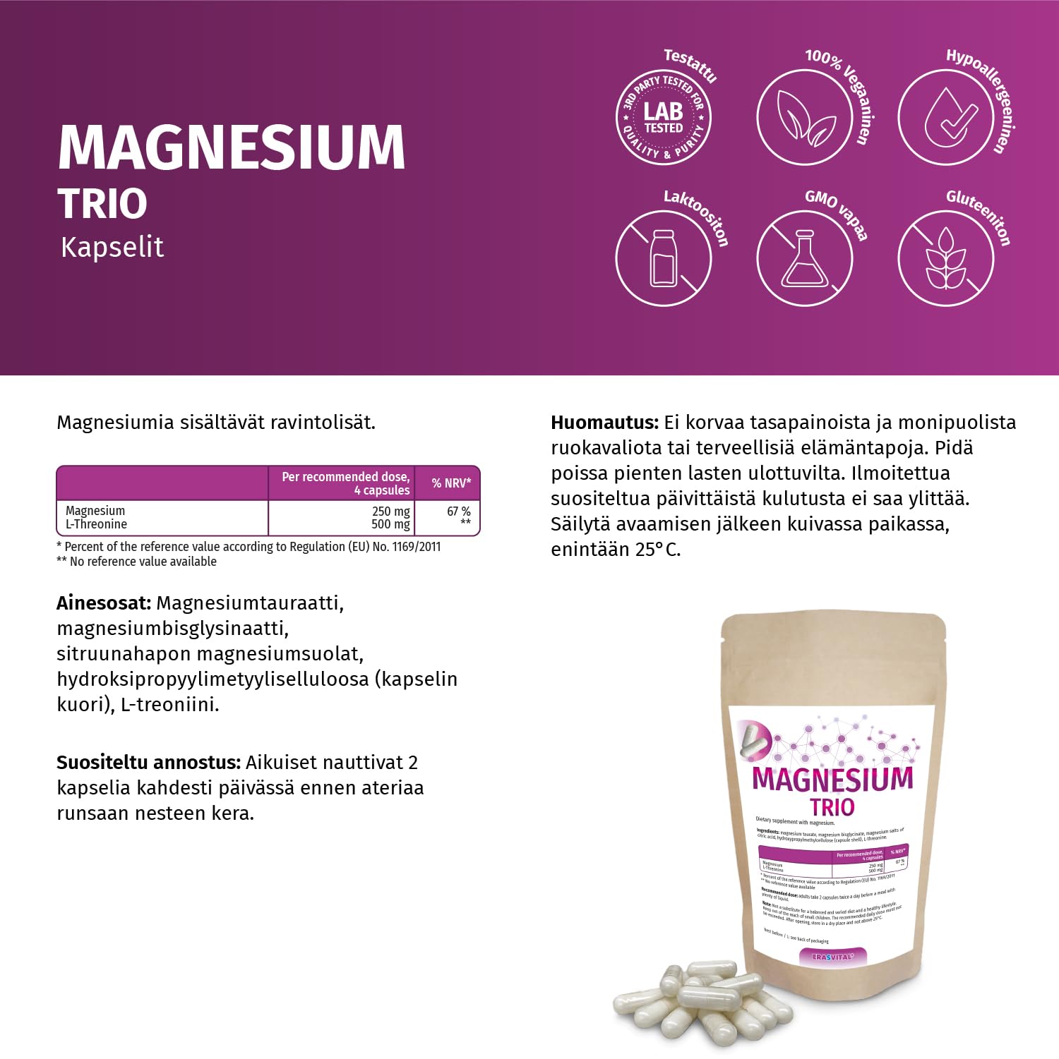 Magnesio Trio 720 Cápsulas de 5 meses de suministro de taurato de magnesio, bisglicinato de magnesio, citrato de magnesio y L-treonina, ideal para un público objetivo interesado en la salud mental