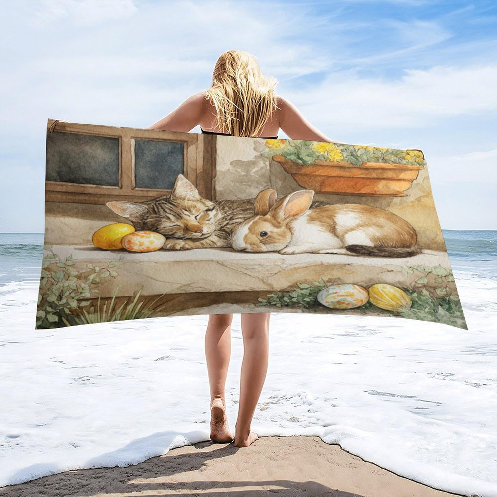 Luyysky Retro Oil Painting Kitten Bunny Absorbent Beach Towel, Vintage Colorful Easter Eggs Floral Animal Rabbit Cat Outdoor Single-Sided Velvet Beach Towel-80 W Cm X 160" L Cm