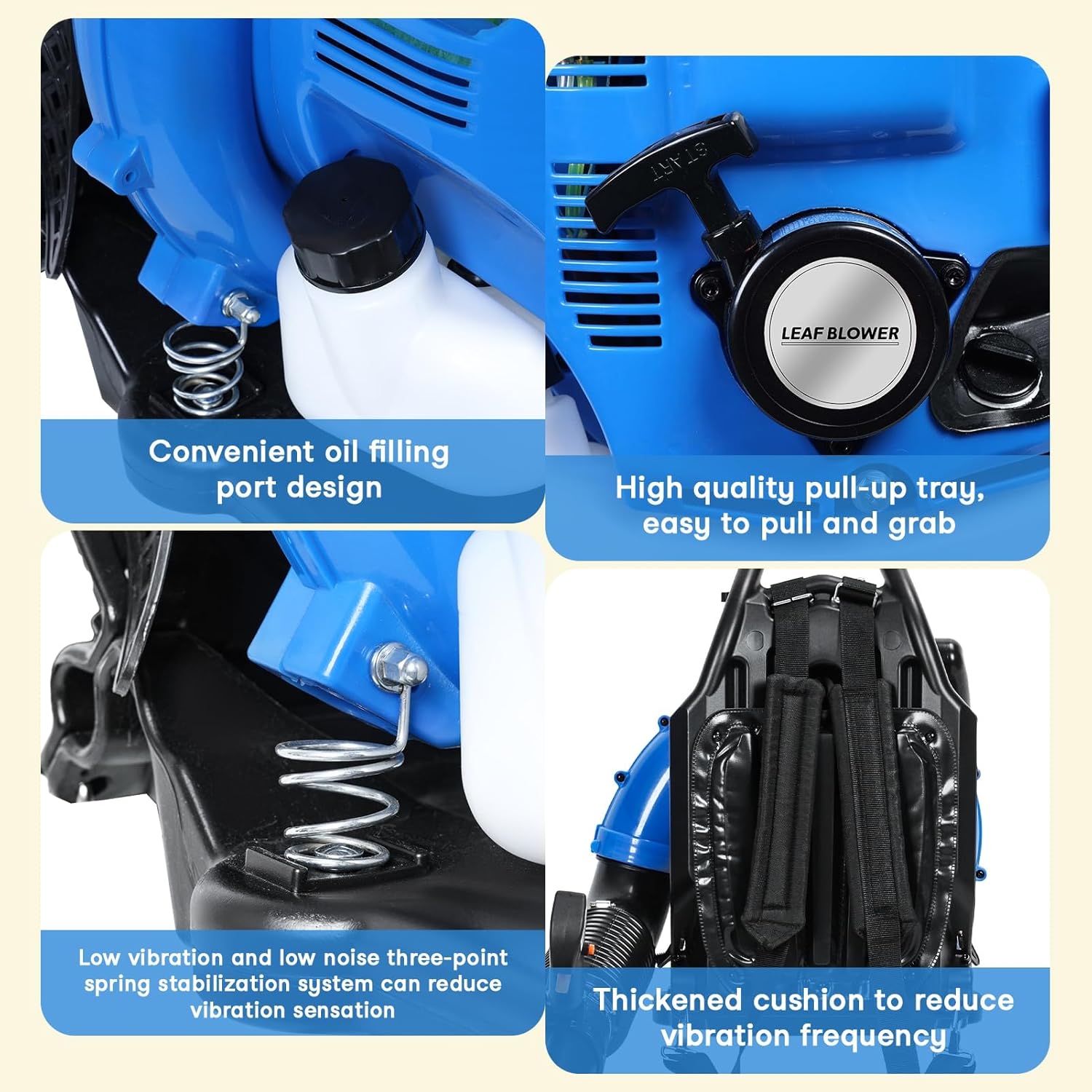 75.6CC 4 Stroke Backpack Gas Leaf Blower 750CFM 205MPH Wind Speed 2.6KW 7000R/Min Power 1.9L Fuel Tank for Lawn Care Yard Debris Snow Removal Commercial Landscaping Parking Lot Cleaning Blue