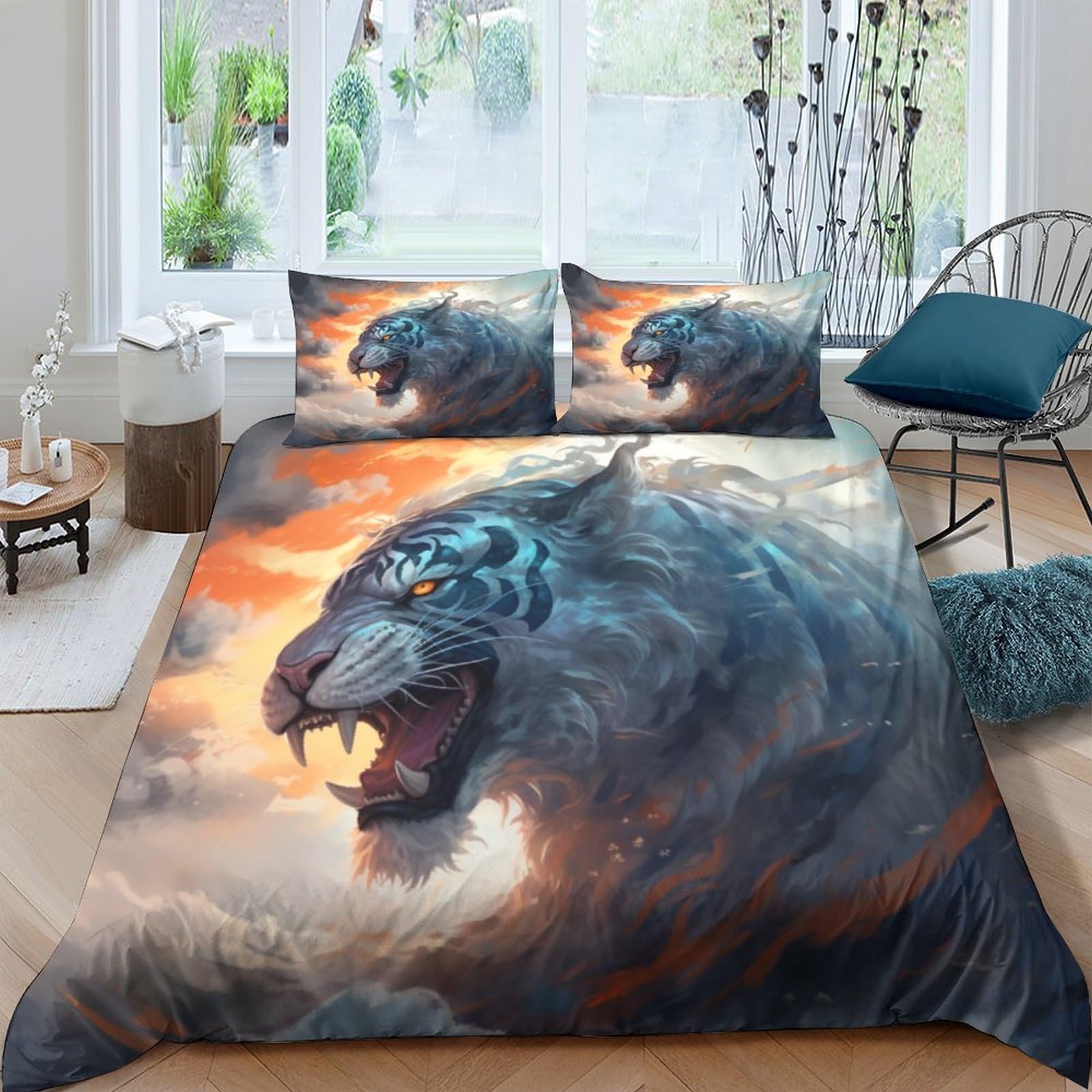 Parure de lit tigre 3D 220x240 cm avec housse de couette et taies d'oreiller en microfibre douce