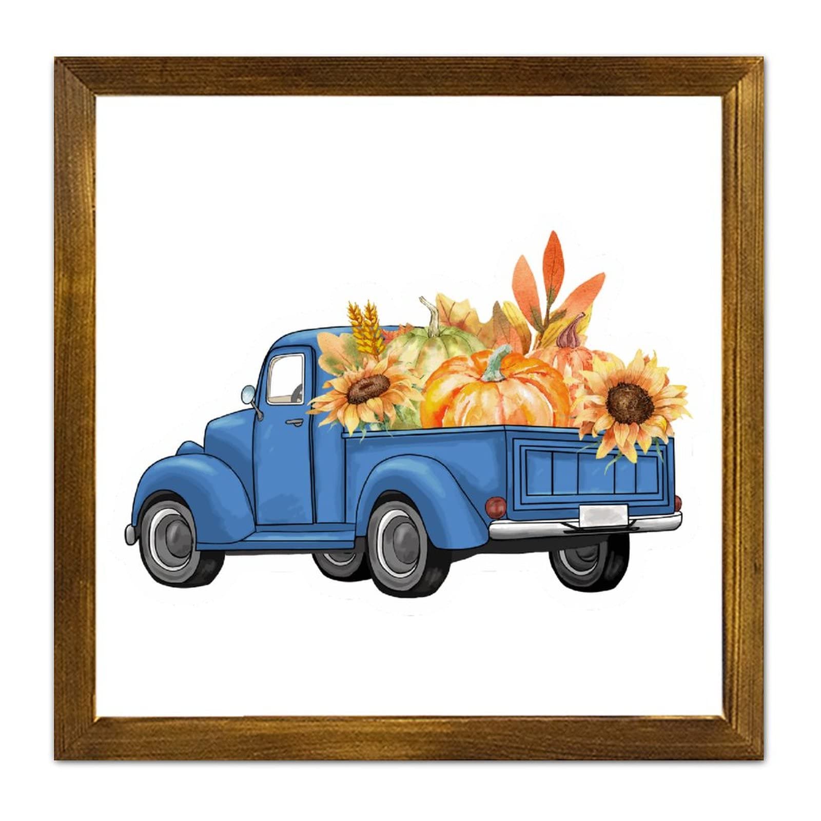 Cadre en bois rustique élégant bleu motif camion de citrouille tableau de ferme 30 cm