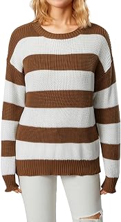 Mujer Moda Suéter Salvaje Contraste Color Raya Cuello Redondo Manga Larga Jerséis De Punto Otoño Invierno Sueltos Casual Tops-A Raya Blanca Marrón-M