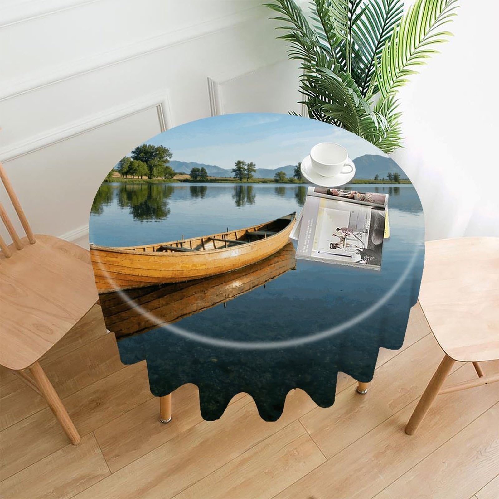 VstaDank Canoe Lake Tablecloth Easy to Clean Polyester Round Table Cover Washable Round Table Cloth Wrinkle-Free Circle Decoration Tablecloth for Kitchen Dining Room 60"