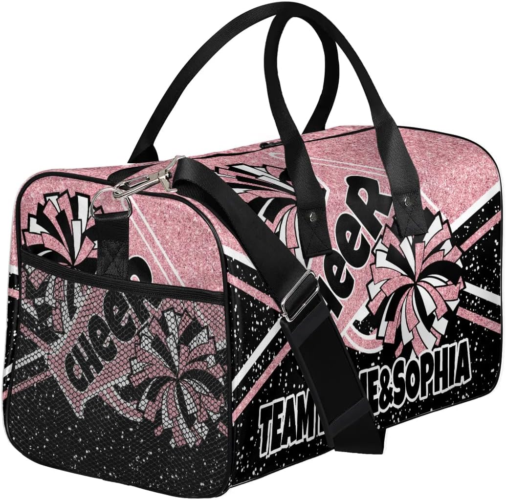 Personalized Cheer Bag Sport Duffel Bag Custom Name Carry On Weekender Bag Gym Bag Sleepover Bag Athletic Bag for Women Men Travel, Glitter Coral Pink