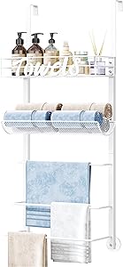 SWTYMIKI Over Door Towel Rack - 5 Tier Towel Storage Rack Wall Mounted With Metal Shelf, Over Door Towel Rail, Space-Saving Bathroom Towel Storage, Multi-Functional Bathroom Accessories, Black