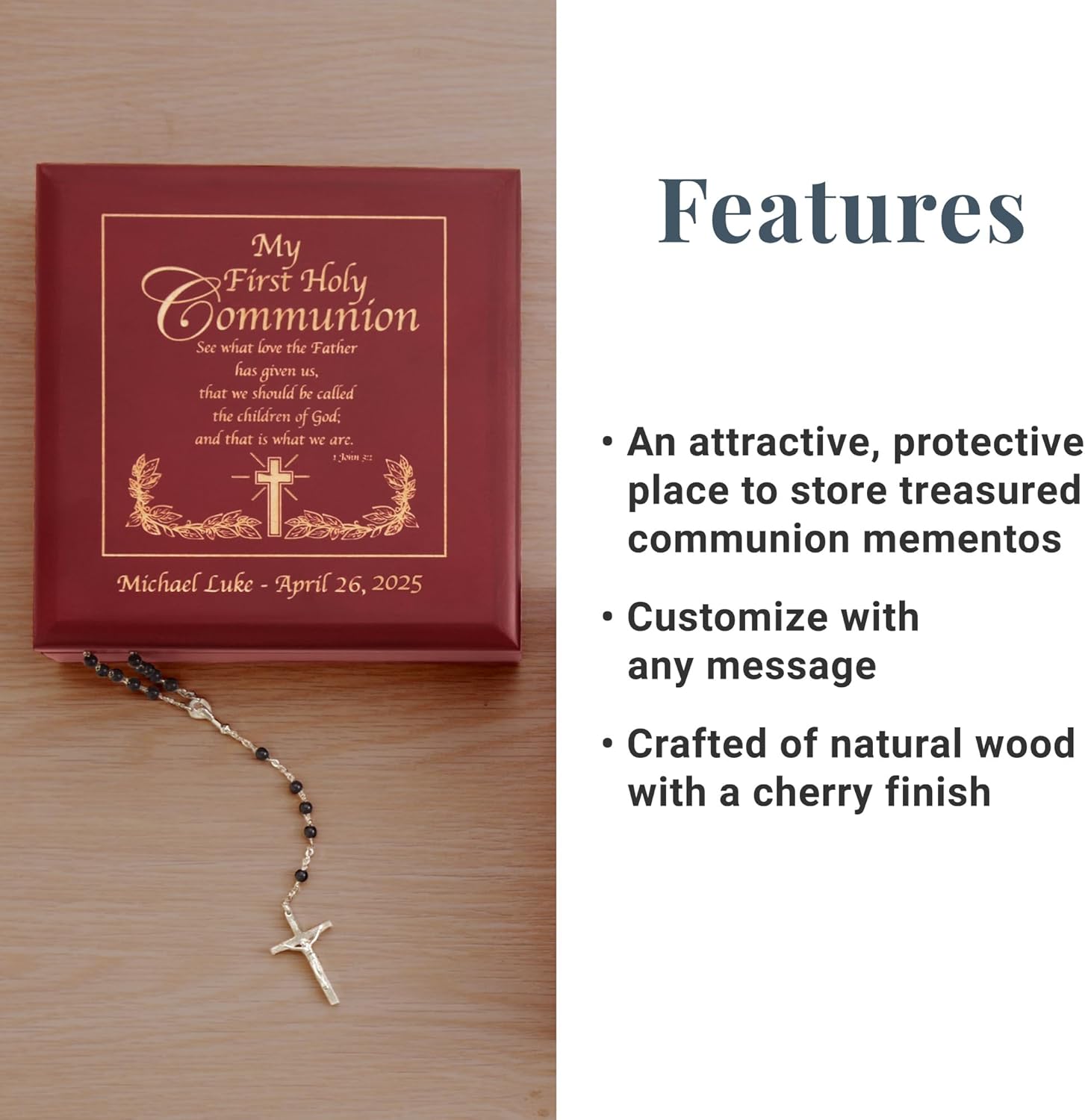 Let's Make Memories Personalized Communion Keepsake Box - Scripture - Sacrament - Religious Keepsake - First Communion - Natural Wood - Cherry Finish - Inspirational Verse - 6.75”Lx6.75”W