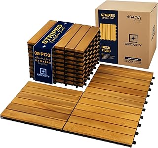 Acacia Wood Interlocking Patio Deck Tiles, 12 x 12 x 0.9 Inch Outdoor Fl...