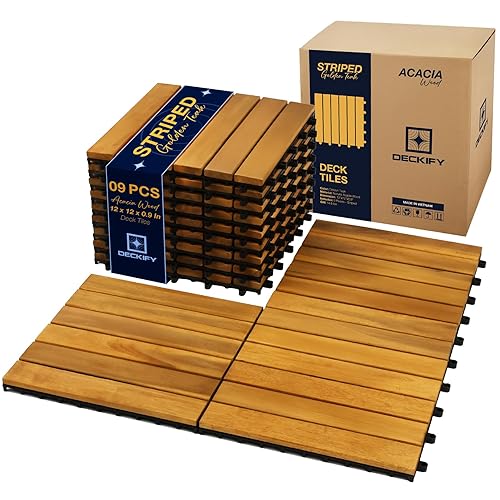 9 Pcs Acacia Wood Interlocking Patio Deck Tiles, 12 x