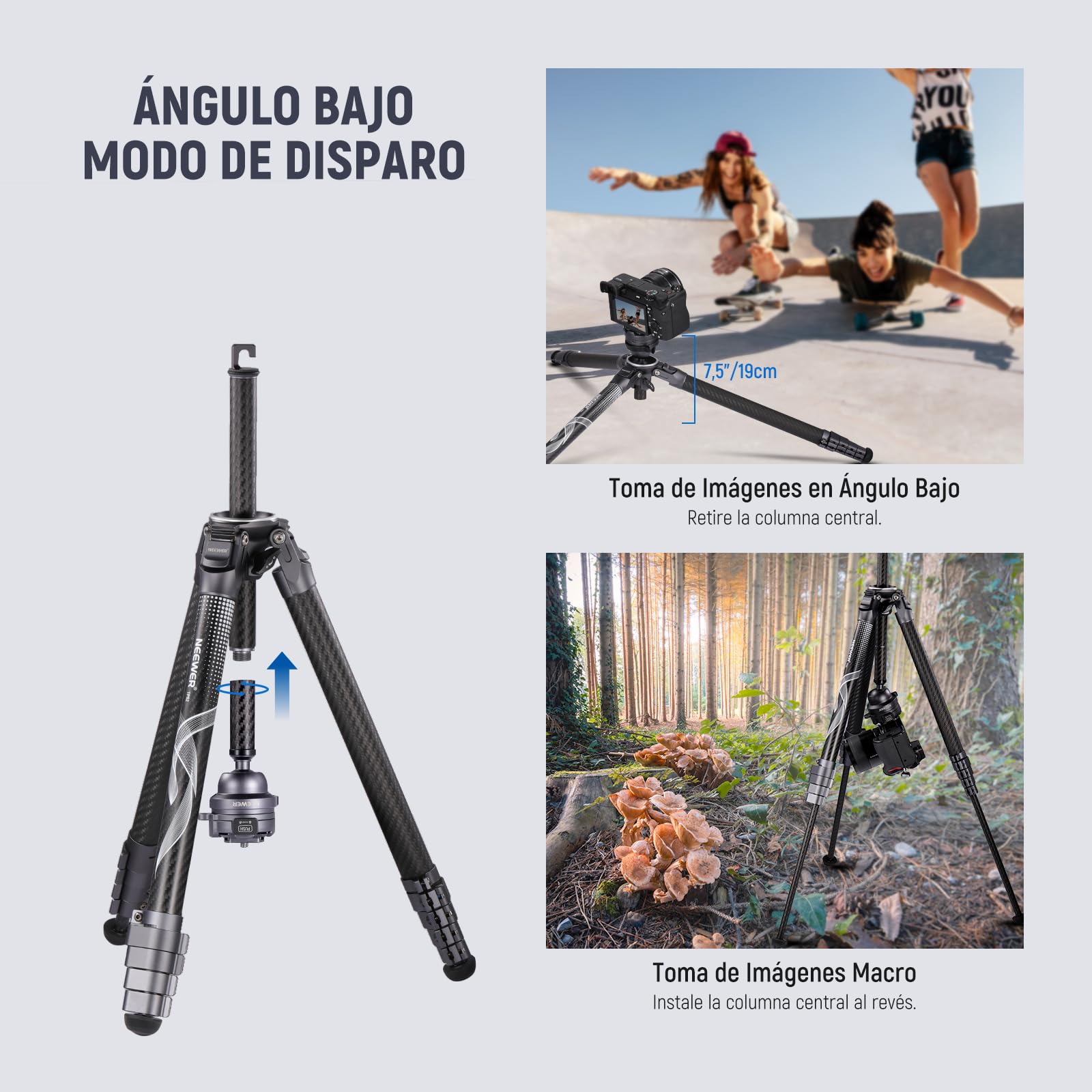 NEEWER LITETRIP LT32 - Trípode de viaje de fibra de carbono de 62 pulgadas con nivelación de ± 15°, cabeza panorámica de 360°, eje central desmontable, hebilla de giro rápido, placa Arca QR compatible