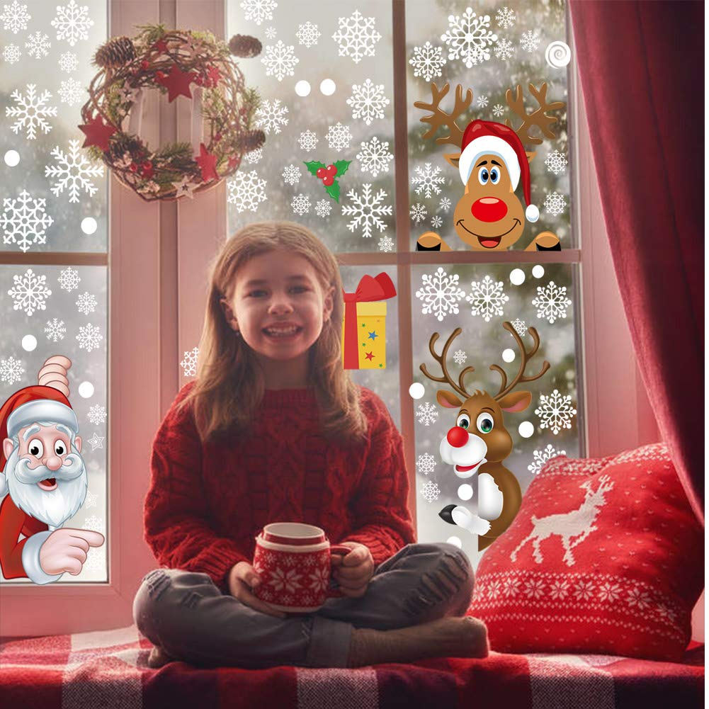 Christmas Window Clings Milky Snowflakes Winter Wonderland Xmas Window Stickers for Glass Home Embellishments, Santa Claus Elf Reindeer Peeking Decals 160pcs