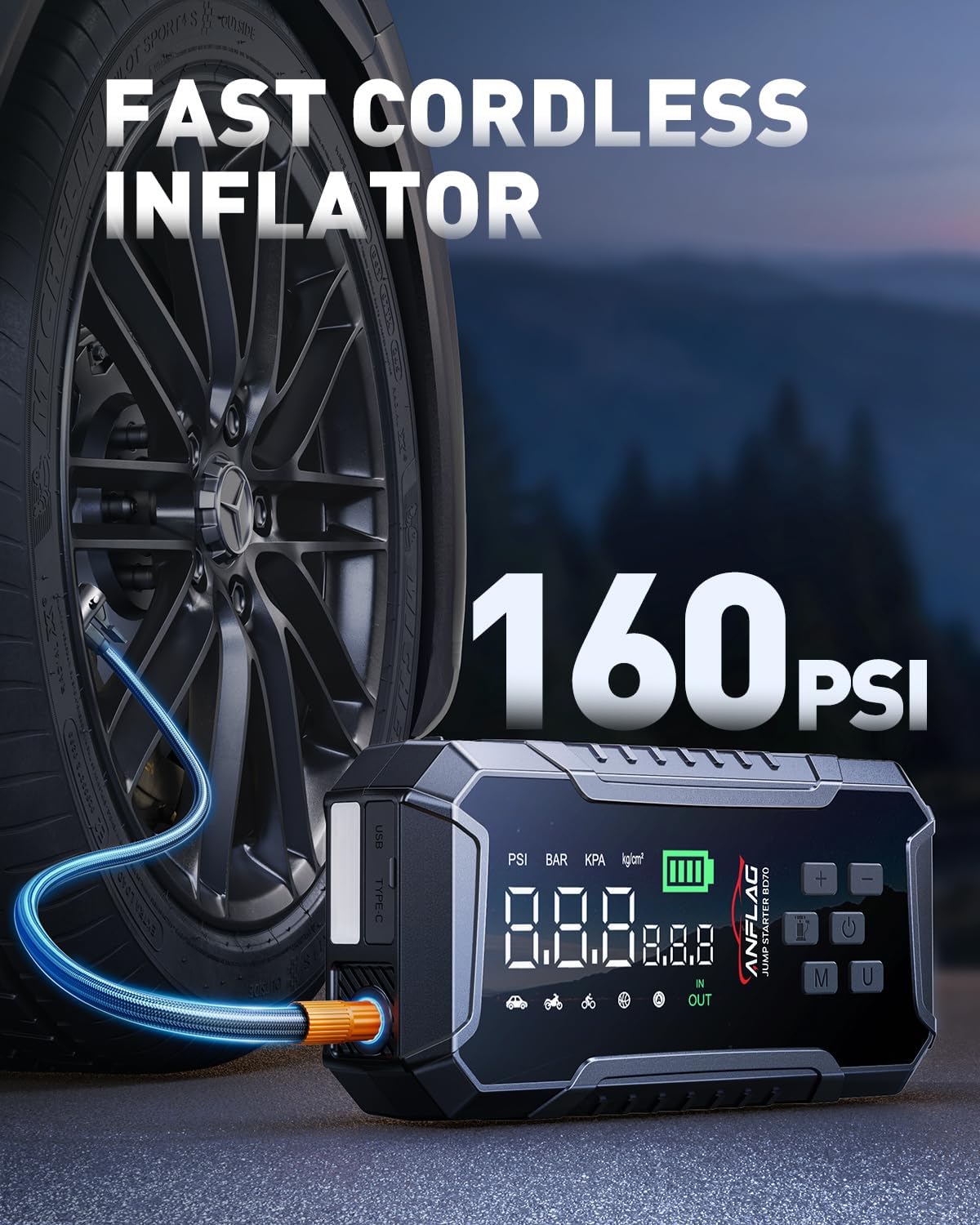 Car Jump Starter with Air Compressor 160PSI, 7000A Car Battery Jumper Starter Portable 12V Jump Box(All Gas/12L Diesel), Cordless Tire Inlfator, 26800mAh Powerbank, Led Lights, Safety Hammer - Image 3