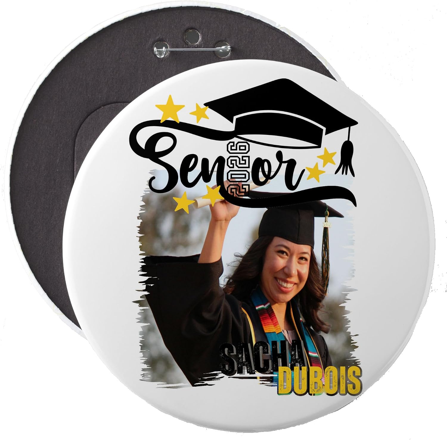 Custom Graduation Photo Pinback Button, 6 Inch, Colossal Size with Easel - Personalized Badge & Display Stand