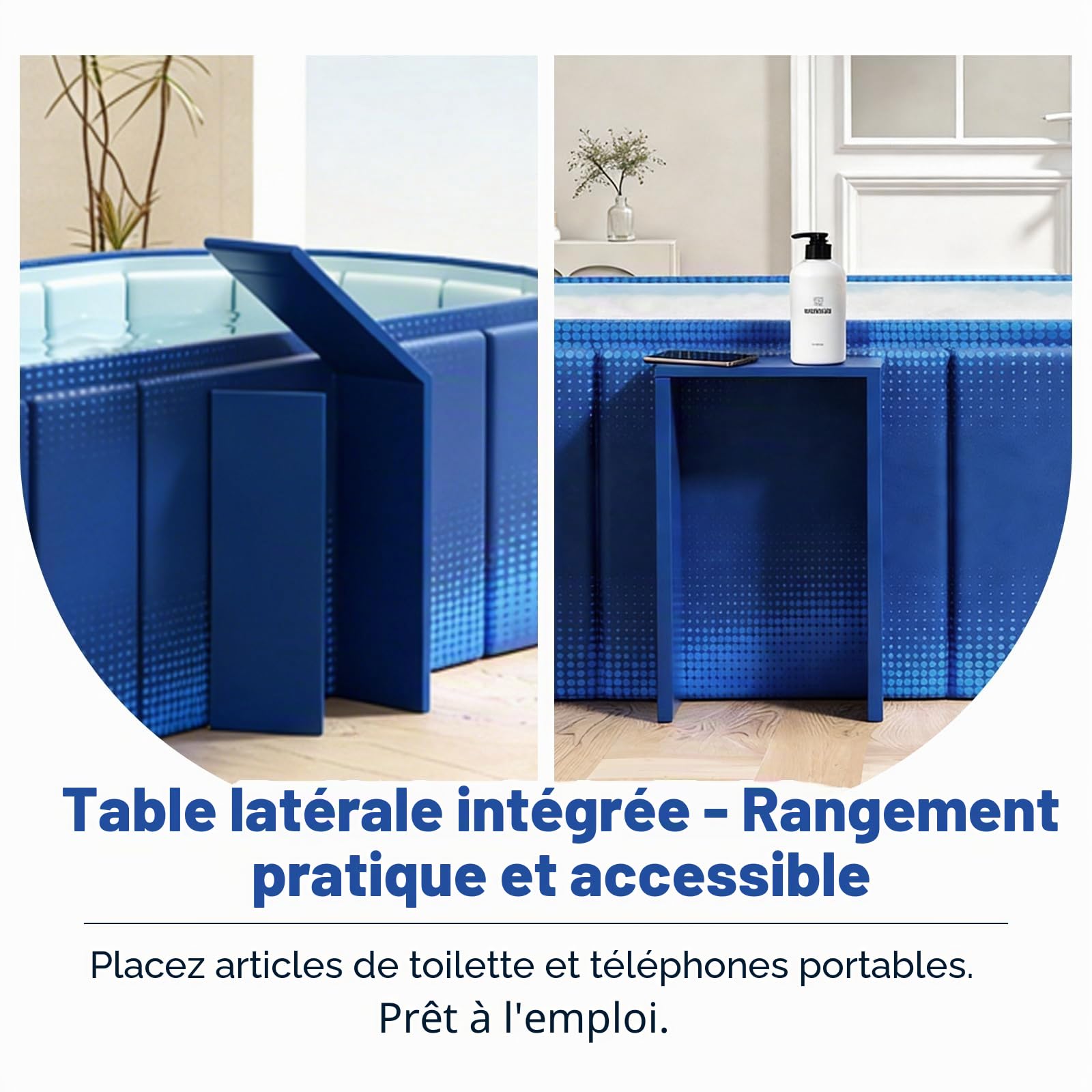 Baignoire portable de 150 cm avec étagère, pliable pour 2 personnes, sans gonflage, baignoire de trempage, bain glacé et spa chaud 2 en 1 pour douche, jardin et camping (bleu)