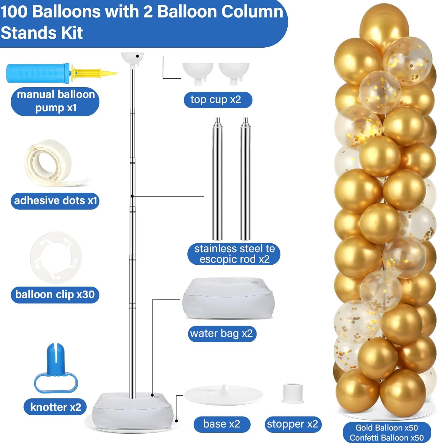 2 Sets Metallic Gold Balloon Column Stand Kit with 100 Balloons Adjustable Balloon Tower Stand with Bases for Floor Gold Confetti Balloons Column Kit for Shower Birthday Wedding Back to School Party